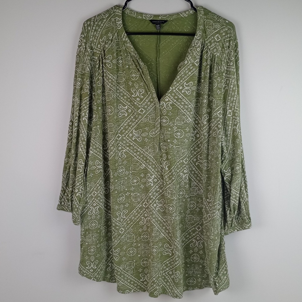 Lucky Brand Womens 2X Green Boho 3/4 Sleeve Modal Vneck Long Sleeve Tunic Blouse